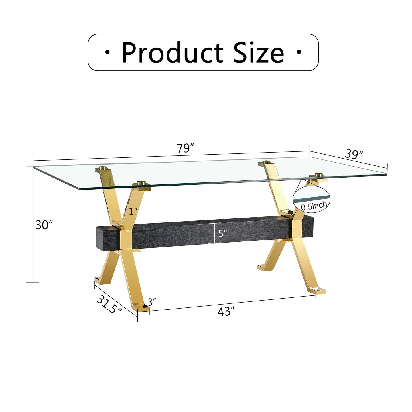 1 table and 8 chairs. Modern simple luxury tempered glass rectangular dining table and desk with 8 black PU gold plated leg chairs 79''x39''x30''