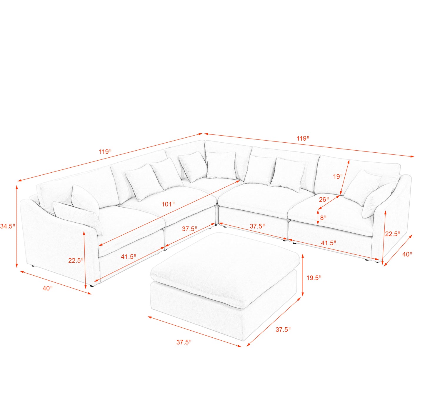 6-Seats Modular L-Shaped Sectional Sofa with Ottoman,10 Pillows, Oversized Upholstered Couch w/Removabled Down-Filled Seat Cushion  for Living Room, Chenille Black