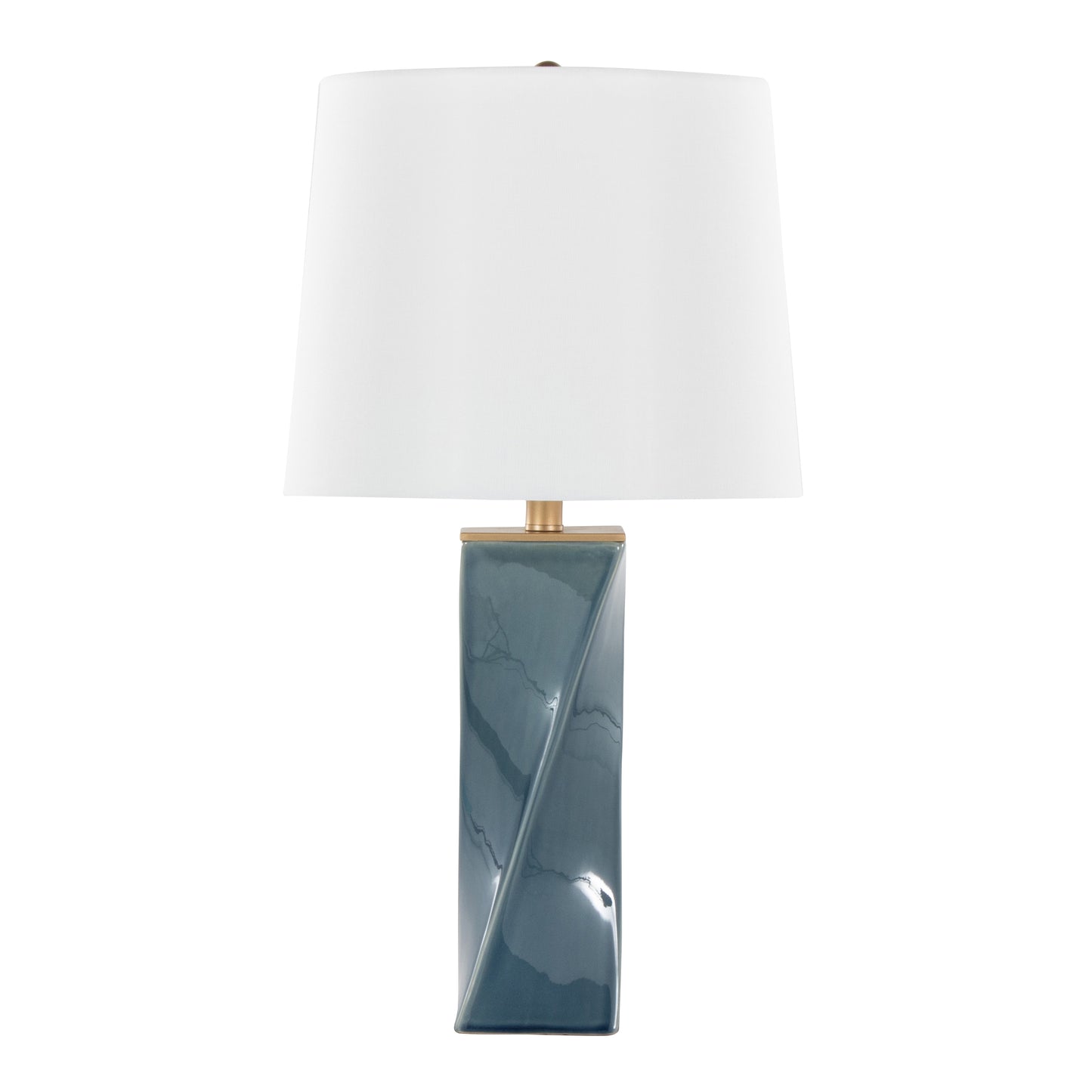 Curvo Square Contemporary 27" Ceramic Table Lamp in Blue Ceramic, Gold Metal, and White Linen by LumiSource