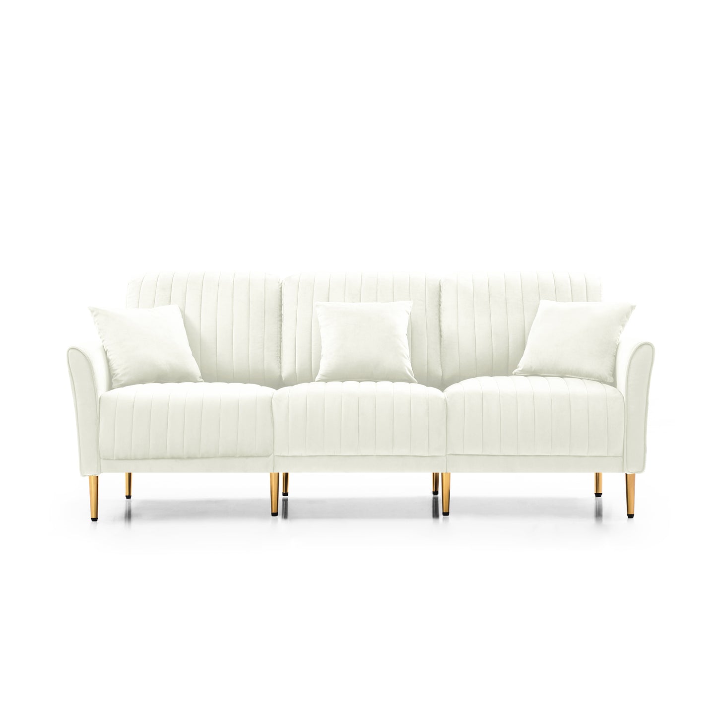 Contemporary Velvet Upholstered 3 Seater Sofa with Deep Channel Tufting and Gold Metal Legs, Cream