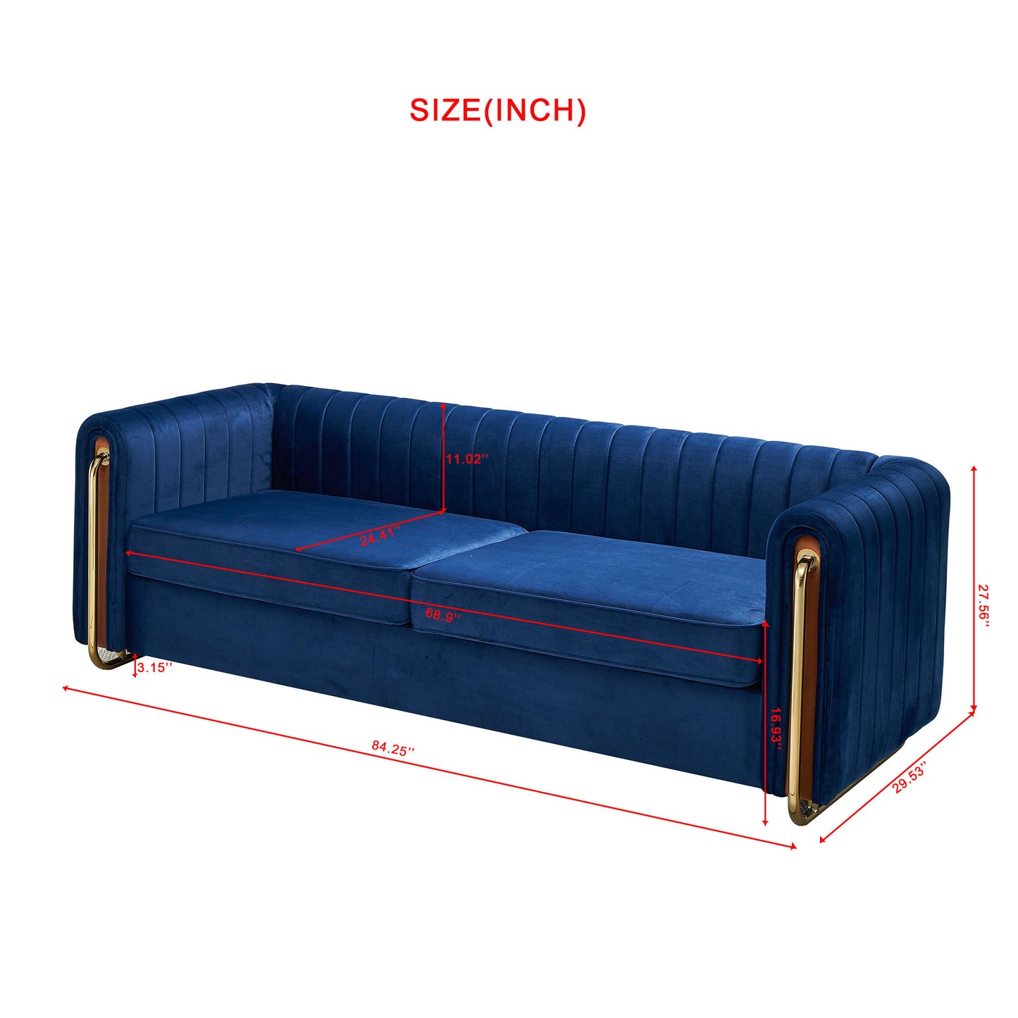 Contemporary Velvet Sofa Couch 84.25''W for Living Room, Blue