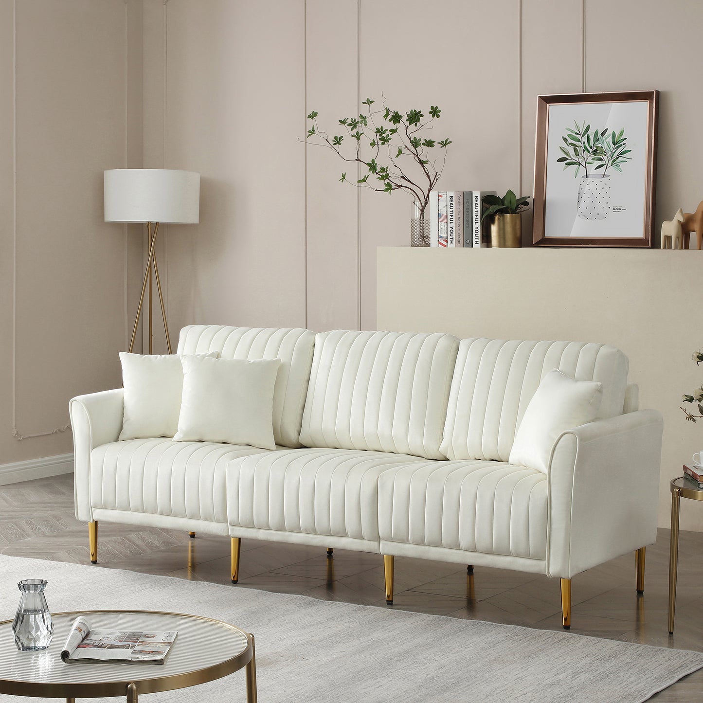 Contemporary Velvet Upholstered 3 Seater Sofa with Deep Channel Tufting and Gold Metal Legs, Cream