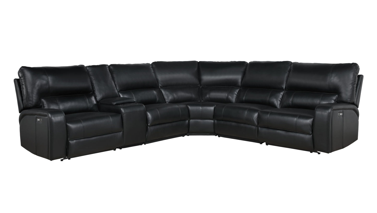 Saul Black Leather Aire Power Recliner Sectional Sofa w/ USB Port & Cupholder Console