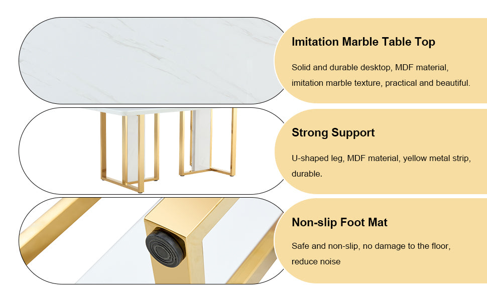 Table and chair set.67"x36" White marble pattern MDF Dining Table Set with 8 Dark Gray PU Chairs.MDF sticker,White marble pattern sticker,Gold C-tube chair legs,Suitable for kitchen,Dining room,etc.