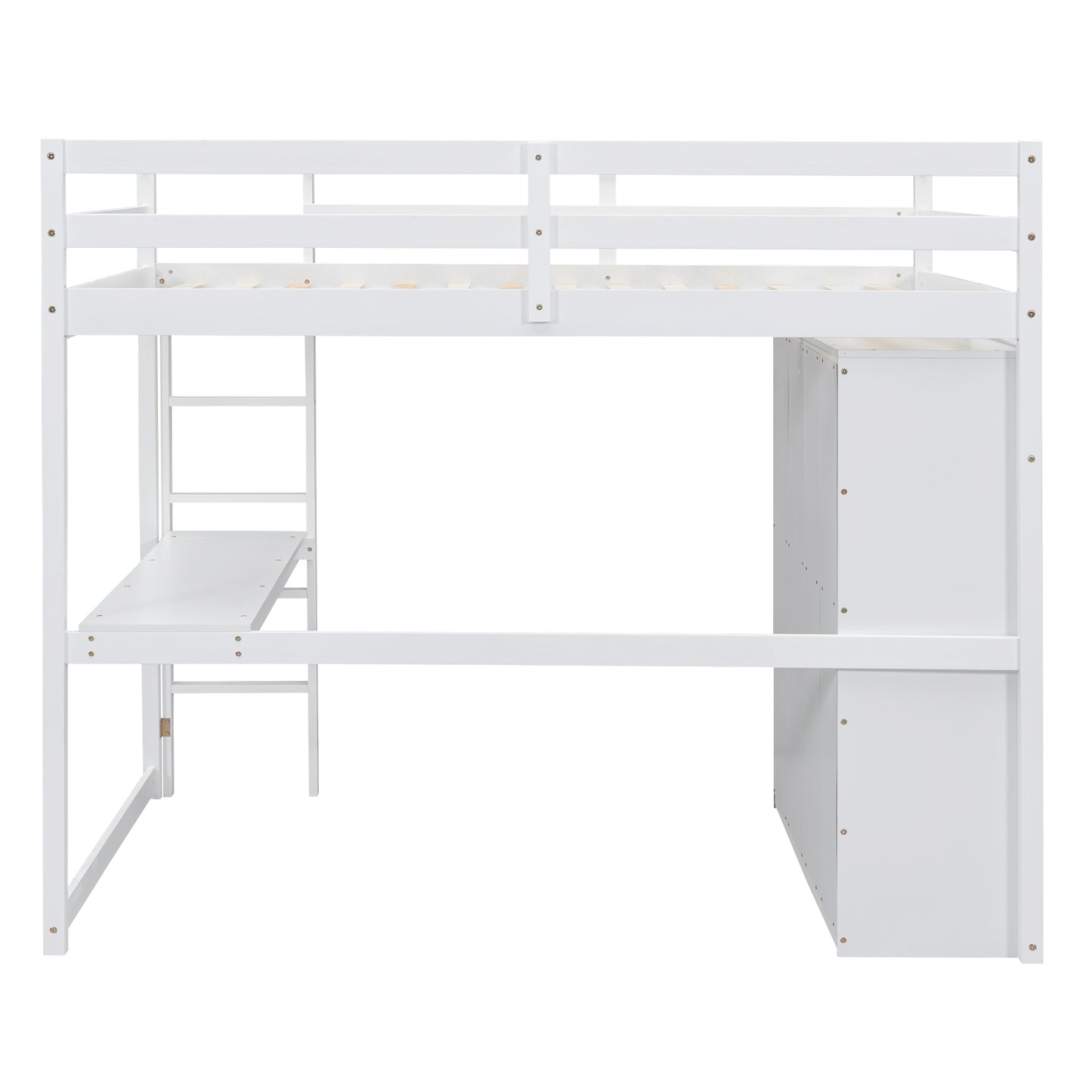 Wood Full Size Loft Bed with Built-in Wardrobe, Desk, Storage Shelves and Drawers, White