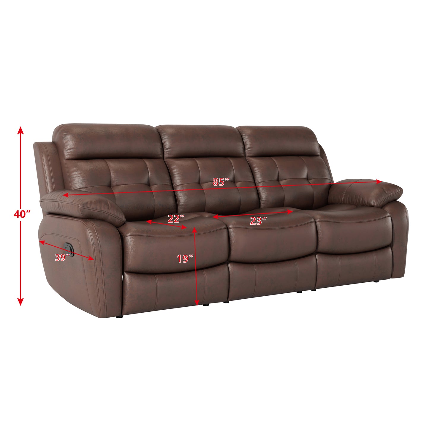 Genuine Leather Non-Power Reclining Sofa with Drop Down Table,Stainless Steel Cupholders and Magazine bag- Brown