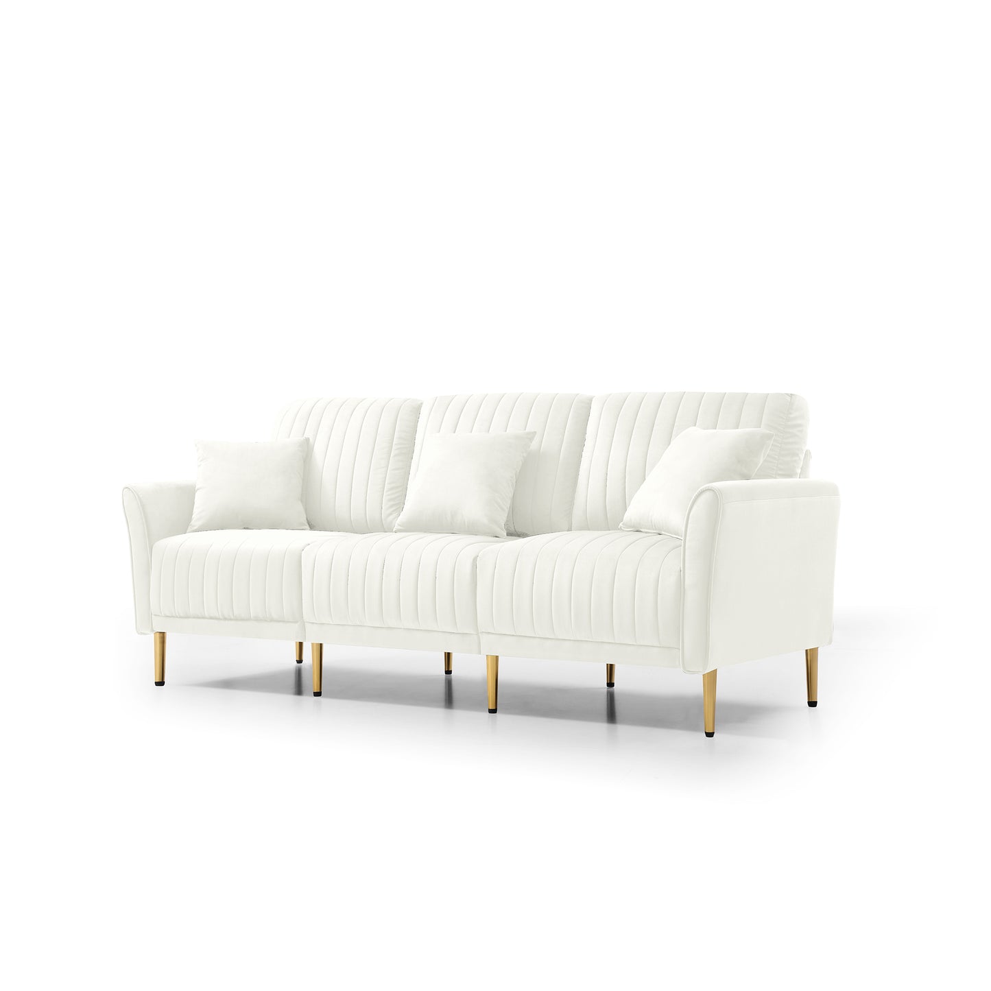 Contemporary Velvet Upholstered 3 Seater Sofa with Deep Channel Tufting and Gold Metal Legs, Cream