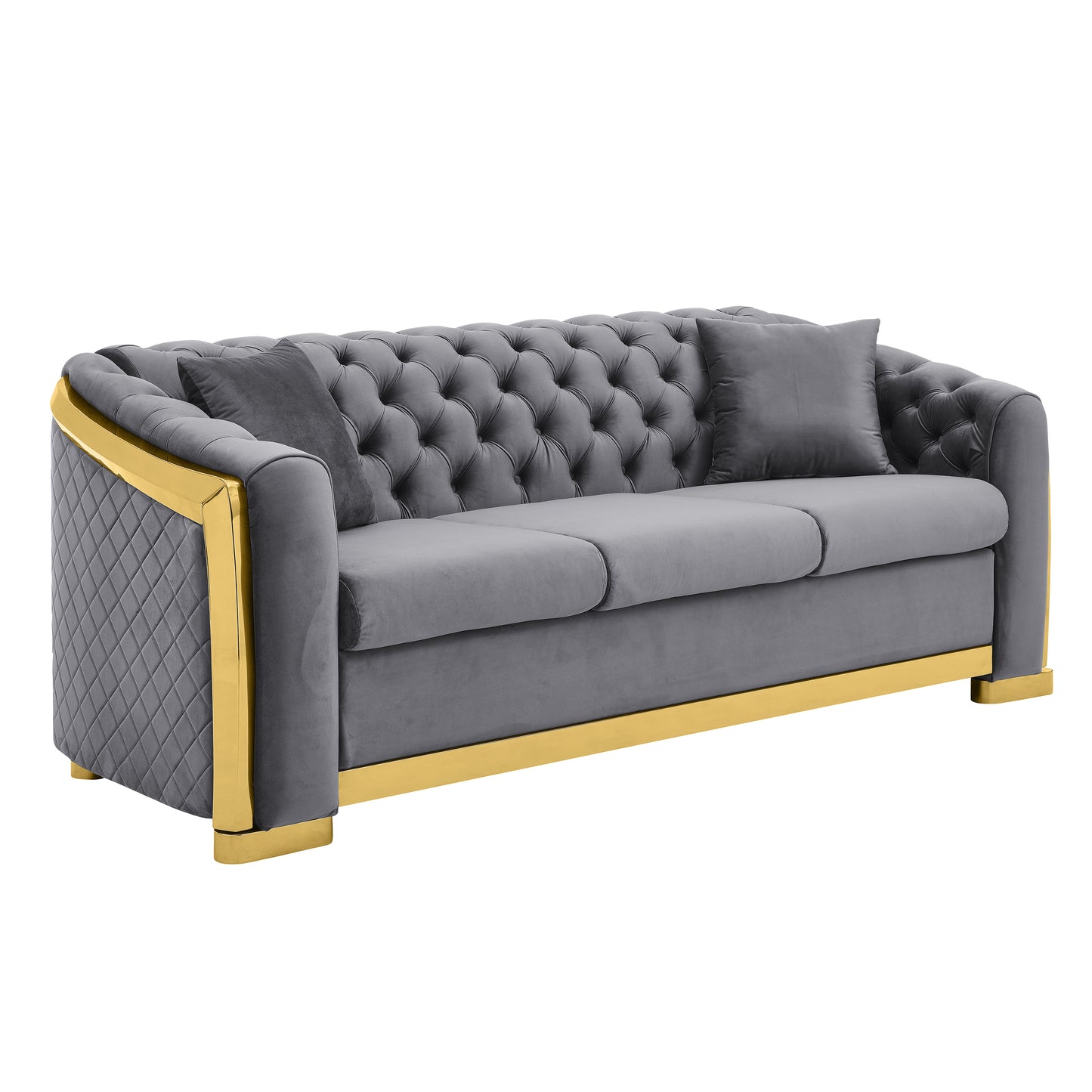 Velvet Luxury Chesterfield Sofa Set, 84 Inches Tufted 3 Seat Couch with Gold Stainless for Living Room, Grey Fabric