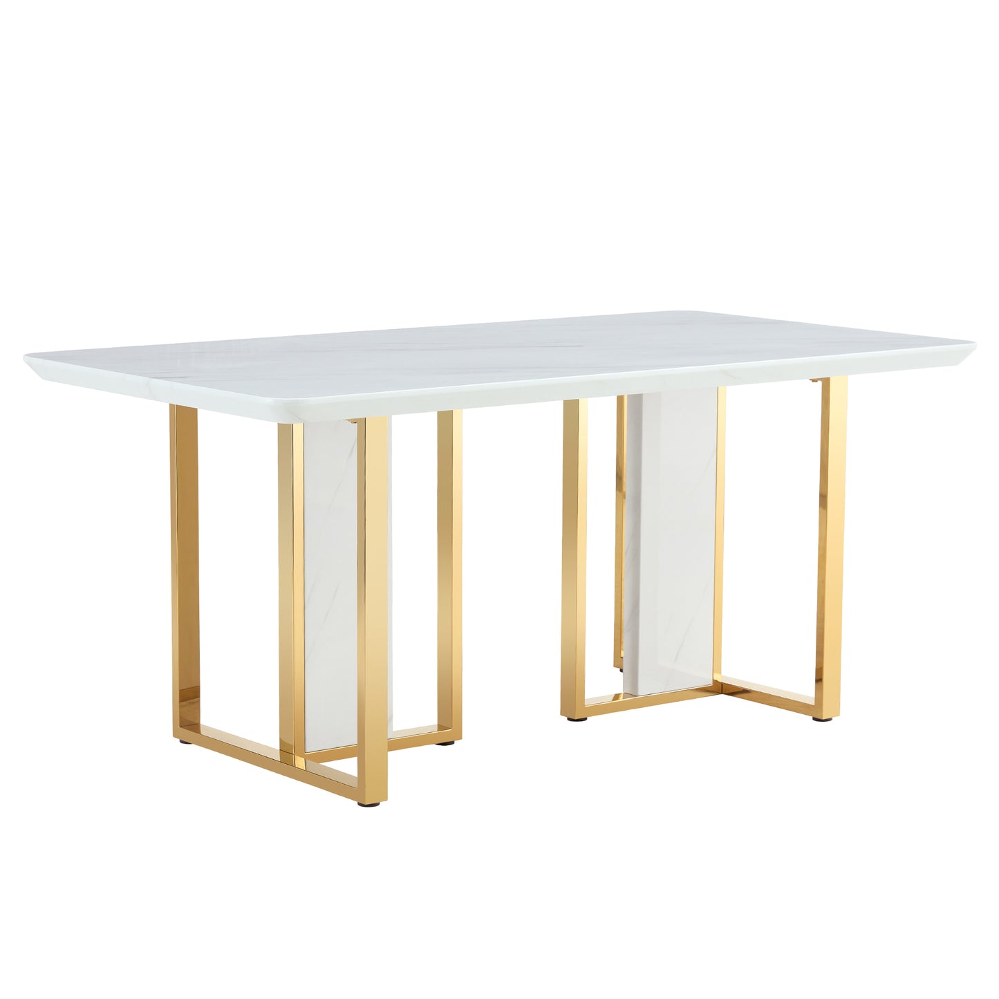 Table and chair set.67"x36" White marble pattern MDF Dining Table Set with 8 Black PU Chairs.MDF sticker,White marble pattern sticker,Gold C-tube chair legs,Suitable for kitchen,Dining room,etc.