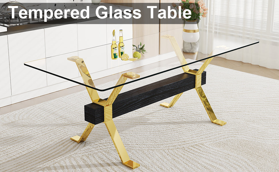 1 table and 8 chairs. Modern simple luxury tempered glass rectangular dining table and desk with 8 black PU gold plated leg chairs 79''x39''x30''