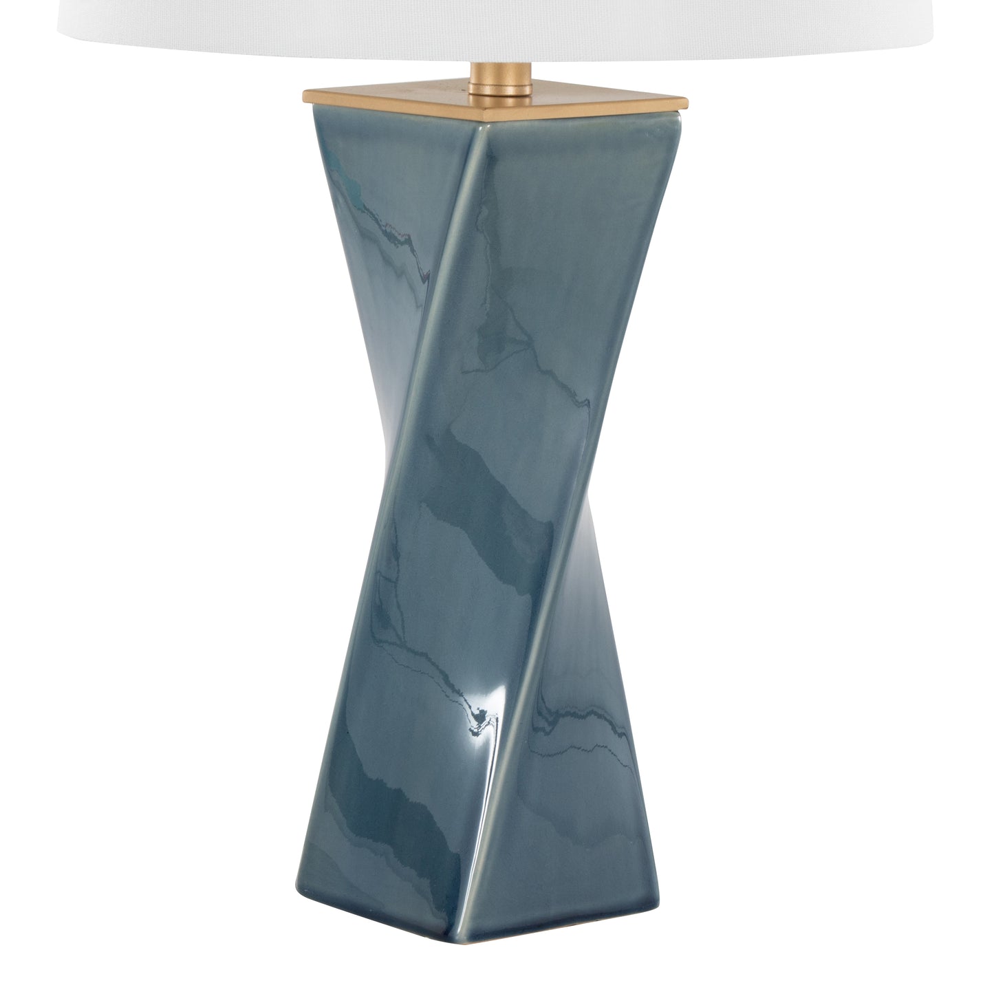 Curvo Square Contemporary 27" Ceramic Table Lamp in Blue Ceramic, Gold Metal, and White Linen by LumiSource