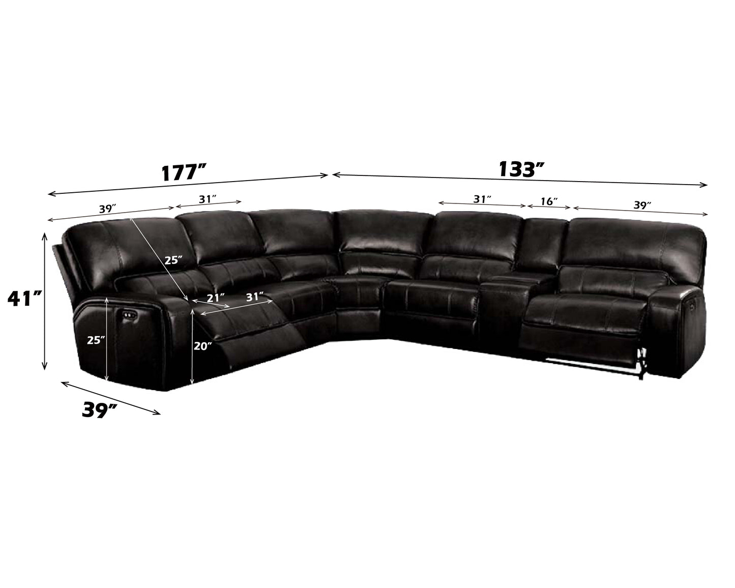 Saul Black Leather Aire Power Recliner Sectional Sofa w/ USB Port & Cupholder Console