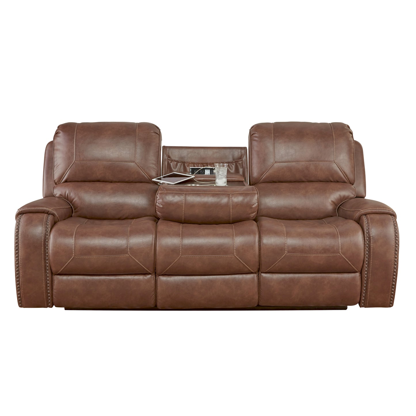 Achern Brown Leather-Air Nailhead Manual Reclining Sofa with Storage Console and USB Port