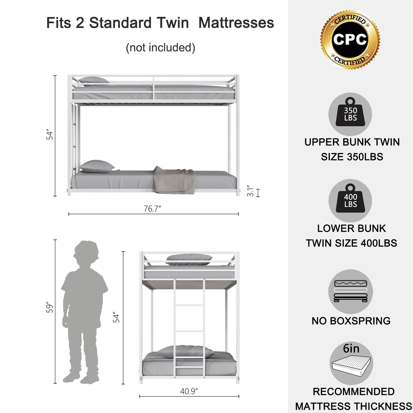 Adam Sturdy Twin over Twin Metal Bunk White for Kids and Adult, Low Profile and Easy Climbing with Stable Ladder