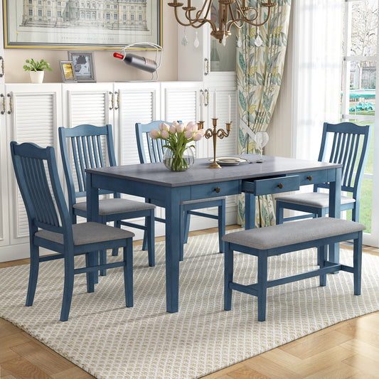 TOPMAX Mid-Century 6-Piece Wood Dining Table Set, Kitchen Table Set with Drawer, Upholstered Chairs and Bench, Antique Blue