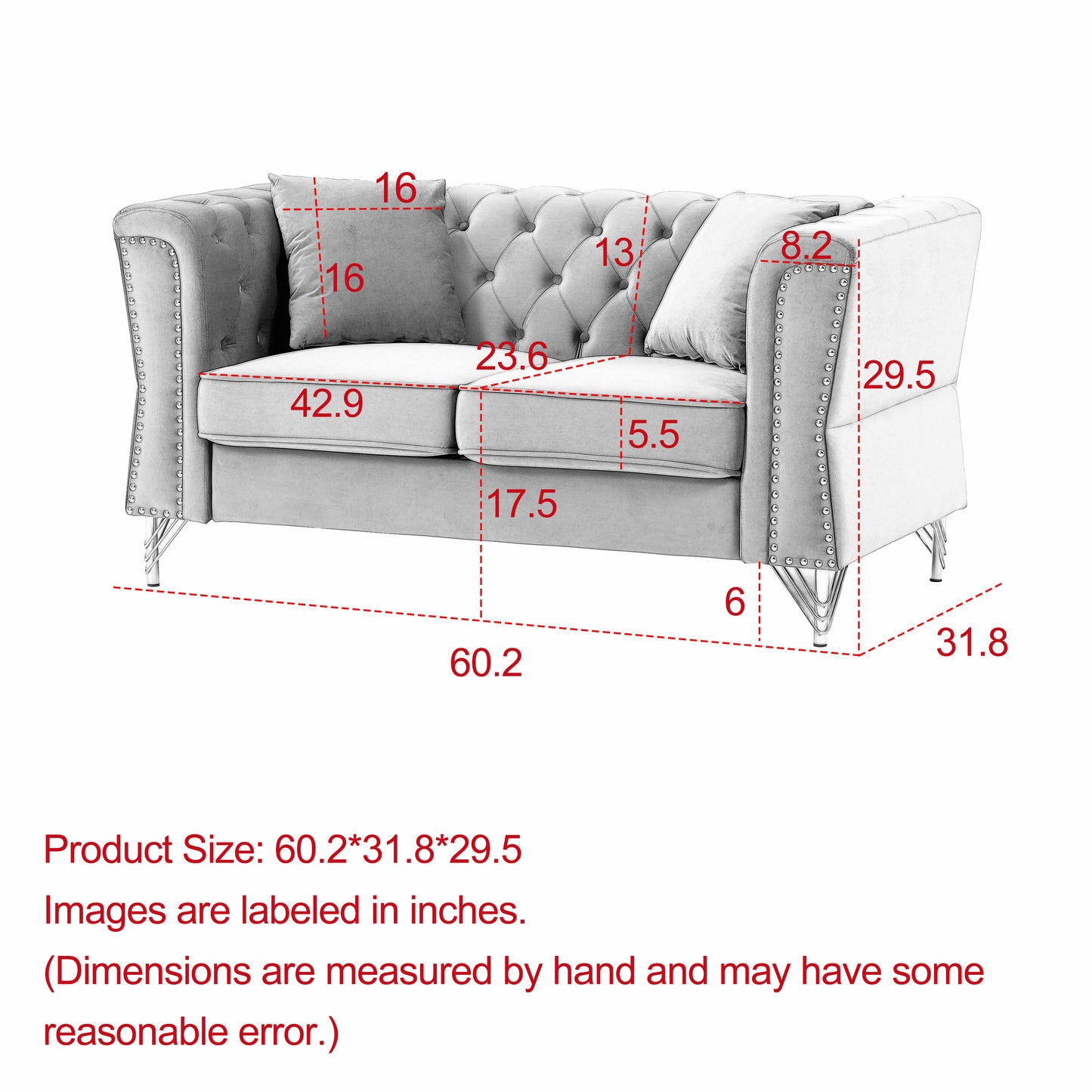 3-seater Combination Sofa Tufted Couch with Rolled Arms and Nailhead for Living Room, Bedroom, Office, Apartment, four pillows