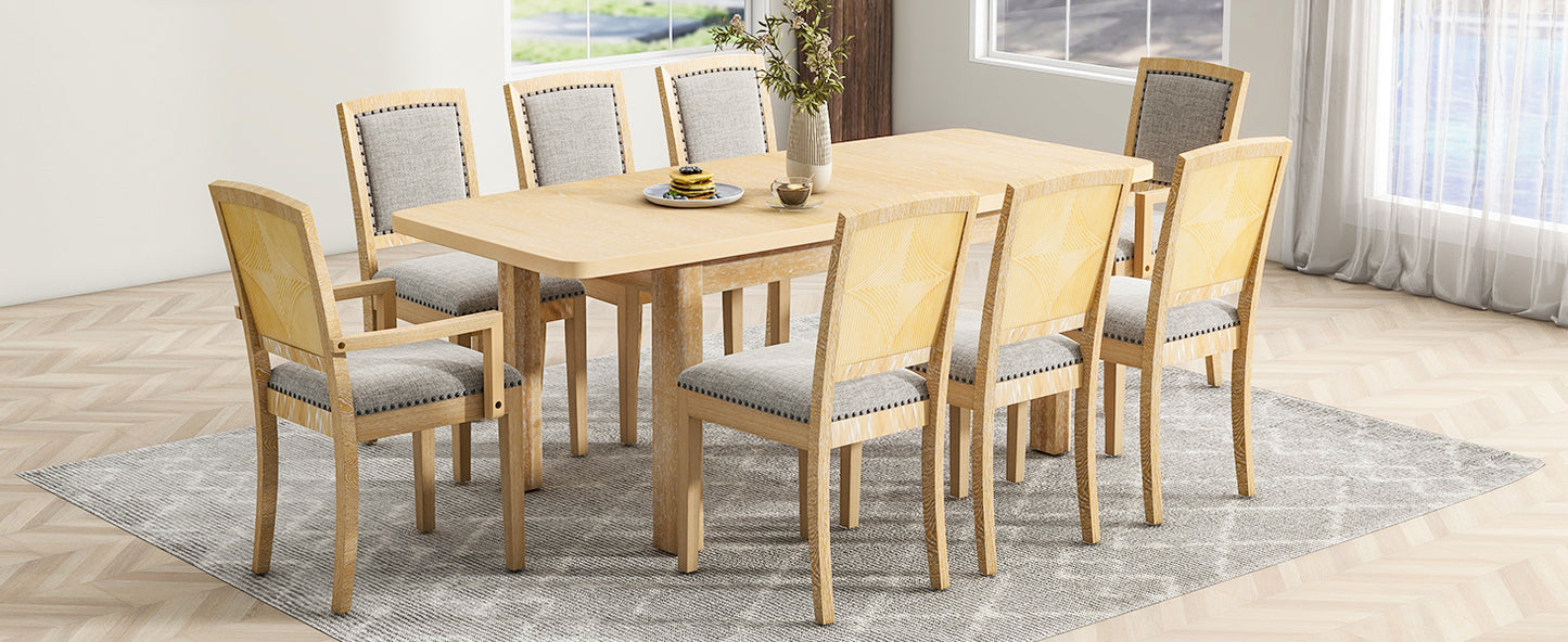 TOPMAX Rustic Extendable 84inch Dining Table Set with 24inch Removable Leaf , 6 Upholstered Armless Dining Chairs and 2 Padded Arm Chairs, 9 Pieces, Natural