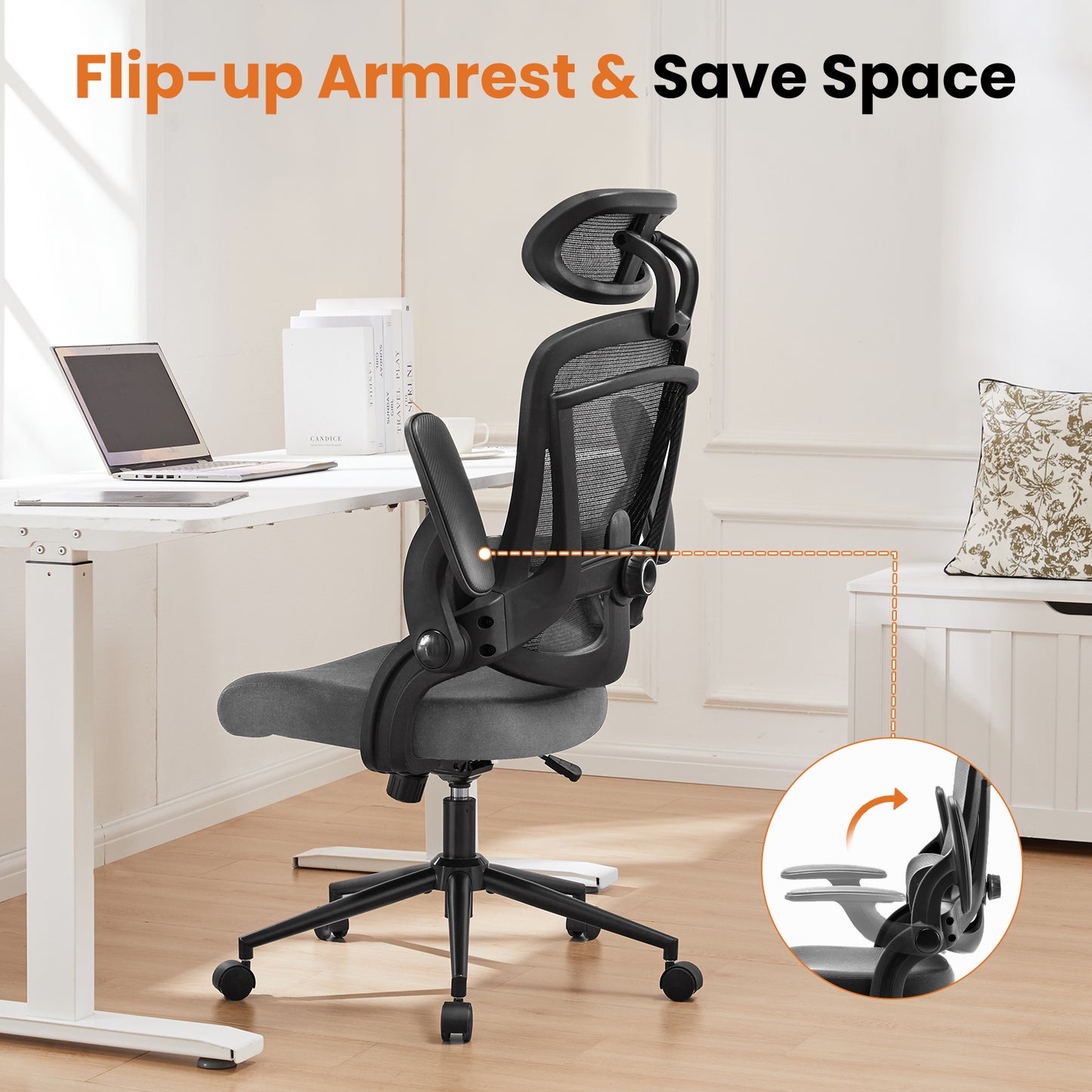 High Back Desk Chair with Adjustable Lumbar Support & Headrest,Comfortable Mesh Computer Chair with Soft Flip Up Arms, Adjustable Height and 120°Tilt,gray