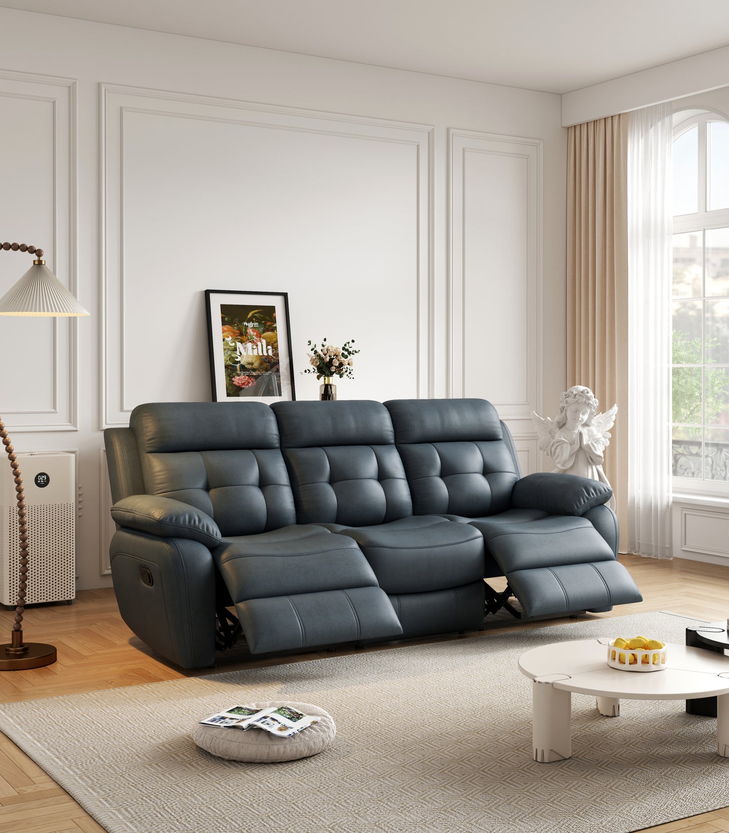 Genuine Leather Non-Power Reclining Sofa with Drop Down Table,Stainless Steel Cupholders and Magazine bag- Blue