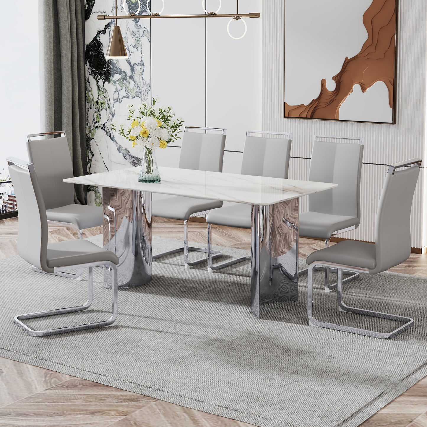 Modern minimalist dining table. Imitation marble glass sticker desktop, stainless steel legs, stable and beautiful. 6 premium PU seats. 63 inches * 35.4 inches * 29.5 inches DT-69 C-1162