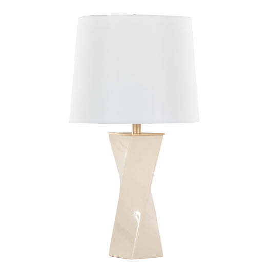 Curvo Square Contemporary 27" Ceramic Table Lamp in Cream Ceramic, Gold Metal, and White Linen by LumiSource