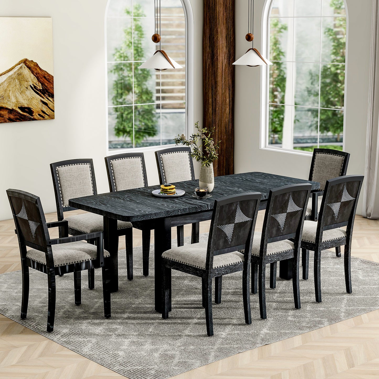 TOPMAX Rustic Extendable 84inch Dining Table Set with 24inch Removable Leaf , 6 Upholstered Armless Dining Chairs and 2 Padded Arm Chairs, 9 Pieces, Black