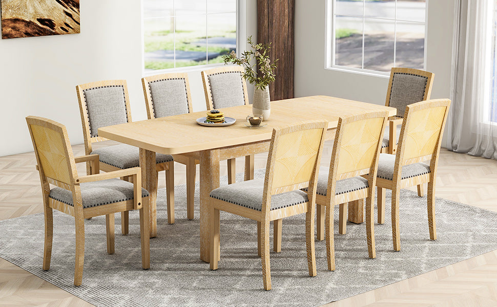 TOPMAX Rustic Extendable 84inch Dining Table Set with 24inch Removable Leaf , 6 Upholstered Armless Dining Chairs and 2 Padded Arm Chairs, 9 Pieces, Natural