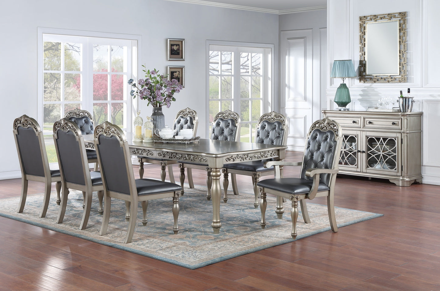 Traditional Silver / Grey Finish 9pc Dining Set Table w 2x Arm Chairs 6x Side Chairs Rubber wood Intricate Design Tufted back Cushion Seat Dining Room Furniture