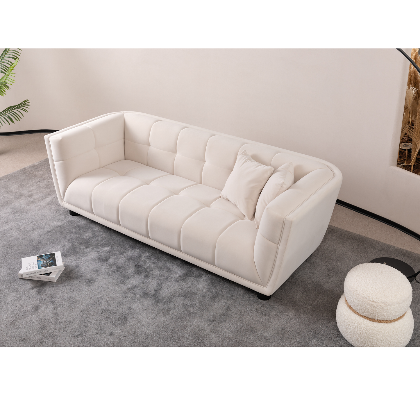 WKS13 Mid-century modern style: simple white sofa, small square design, velvet fabric texture smooth, retro fashion, solid wood feet, 2 people design