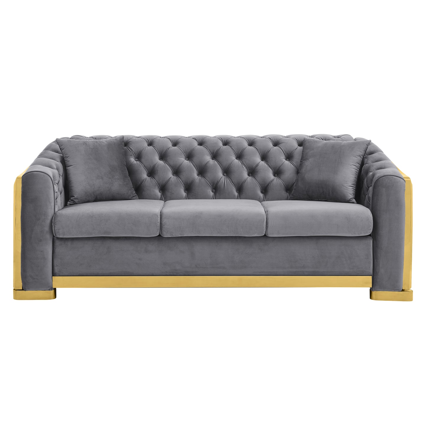 Velvet Luxury Chesterfield Sofa Set, 84 Inches Tufted 3 Seat Couch with Gold Stainless for Living Room, Grey Fabric