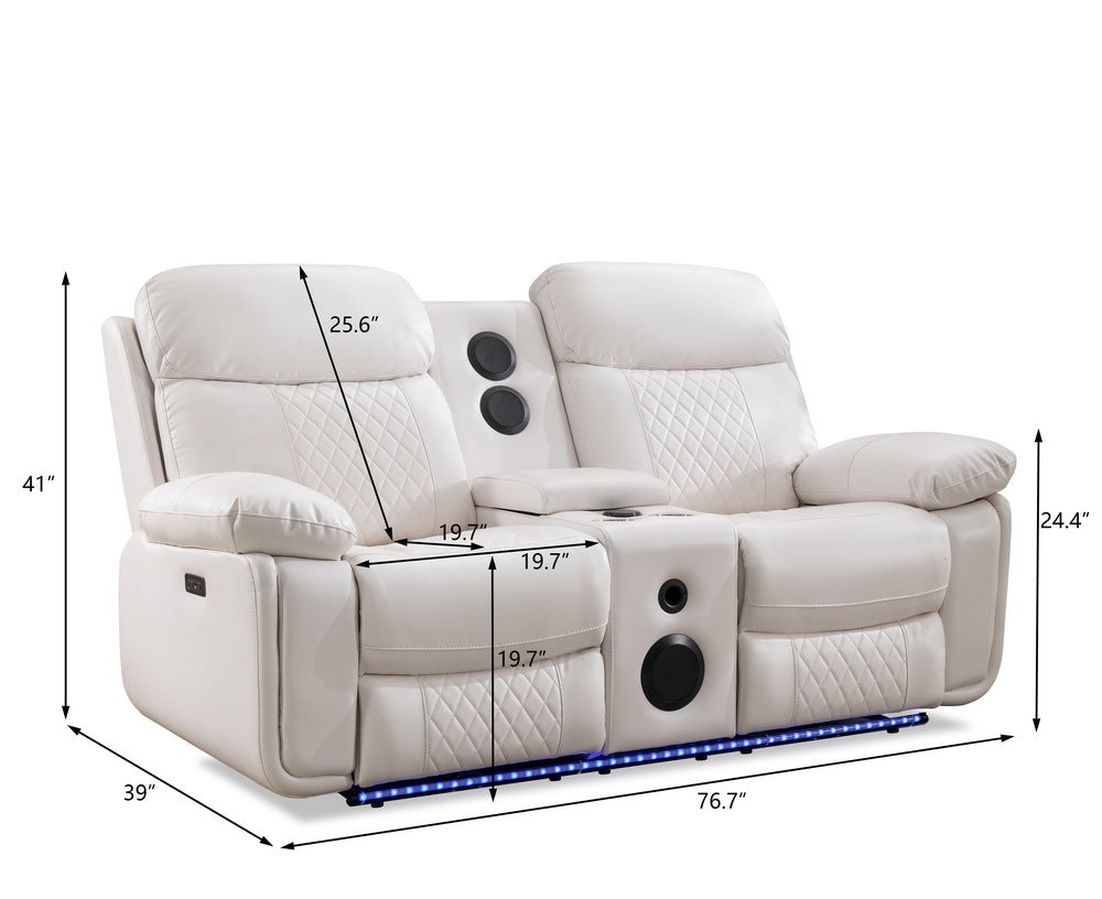 2 Pieces Power Reclining Sofa Sets,Technical leather Lounge Loveseat Reclining Couch w/ Bluetooth speaker / LED strip for Living Room,White