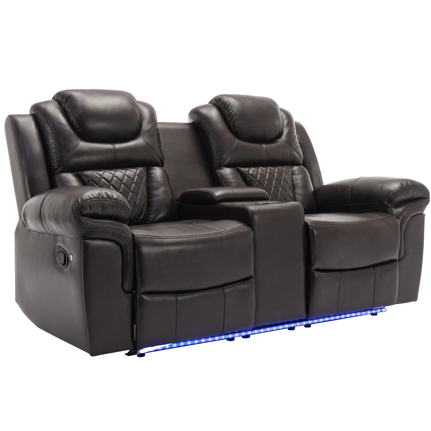 3 Pieces Recliner Sofa Sets Home Theater Seating Manual Recliner Chair with Center Console and LED Light Strip for Living Room, Brown