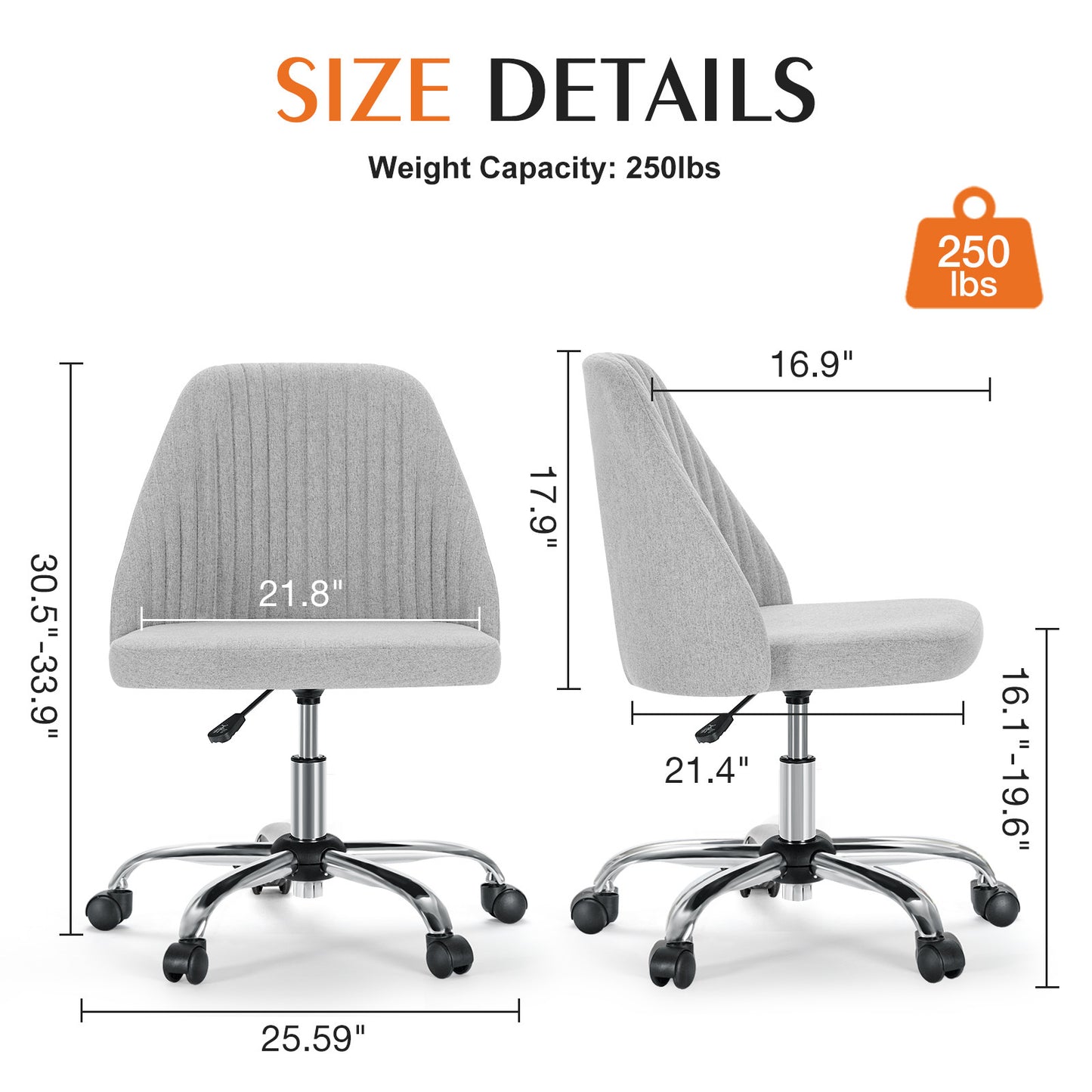 Sweetcrispy Armless Home Office  Desk Chair with Wheels Adjustable Swivel Task Computer Vanity Chair for Small Spaces