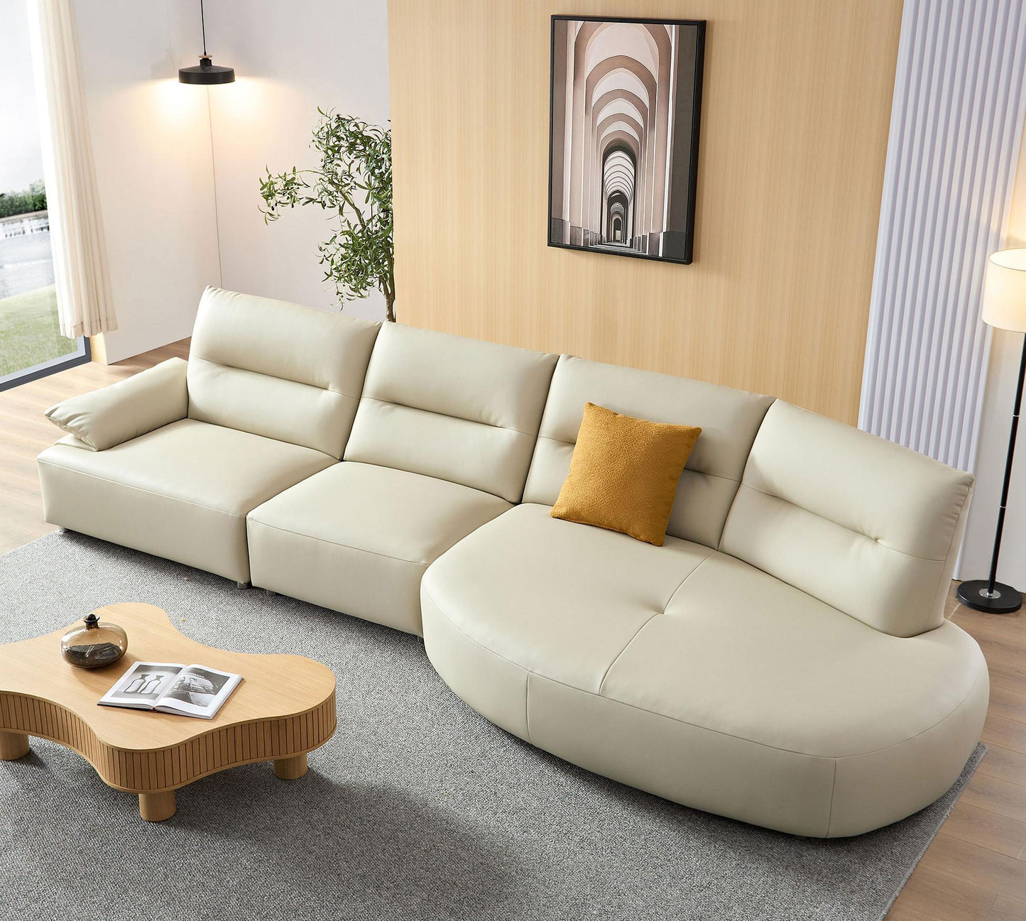 147.24'' Oversied Modern Sectional Curved Shaped Sofa Couch for Living Room,Upholstered 5-Seat Sofa Eco-leather Couch Set,Beige