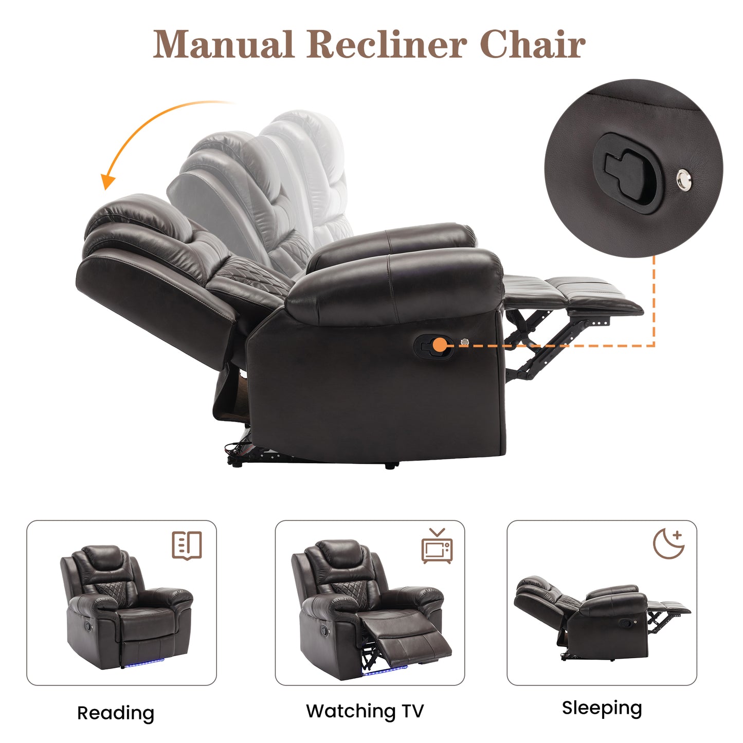 3 Pieces Recliner Sofa Sets Home Theater Seating Manual Recliner Chair with Center Console and LED Light Strip for Living Room, Brown