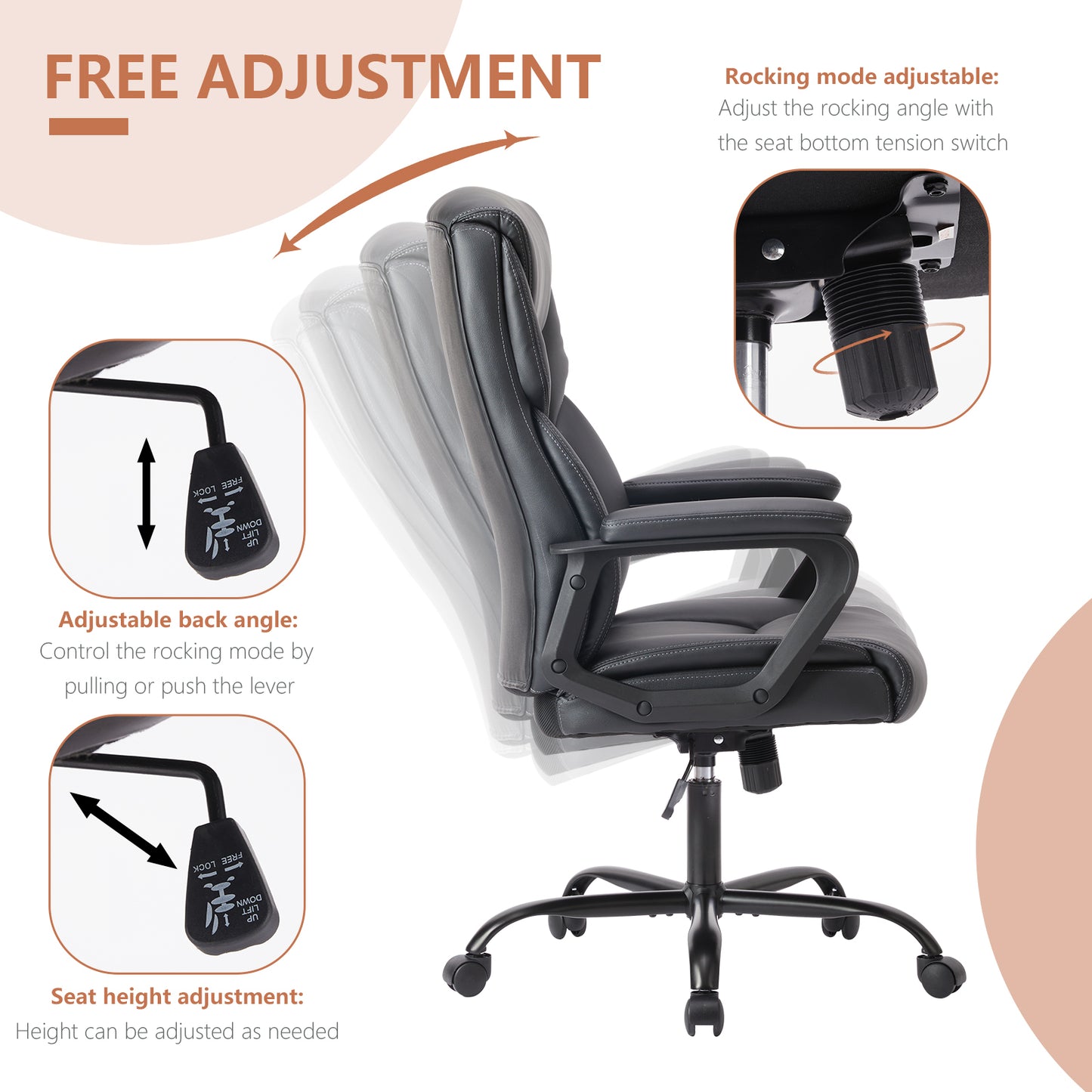 Sweetcrispy Home Office Chair Ergonomic PU Leather Desk Chair with Armrests