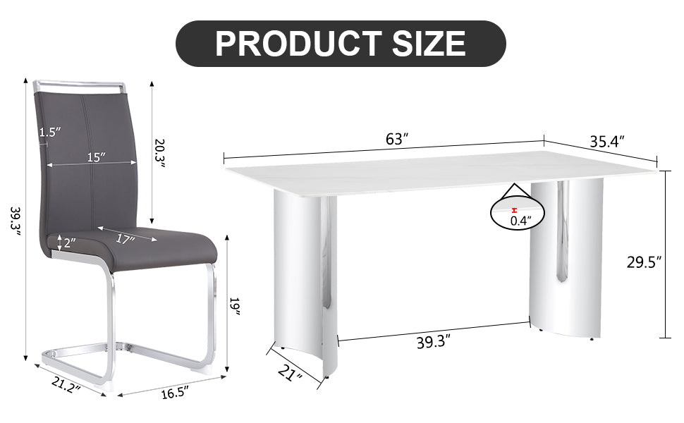 Modern minimalist dining table. Imitation marble glass sticker desktop, stainless steel legs, stable and beautiful. 6 premium PU seats. 63 inches * 35.4 inches * 29.5 inches DT-69 C-1162