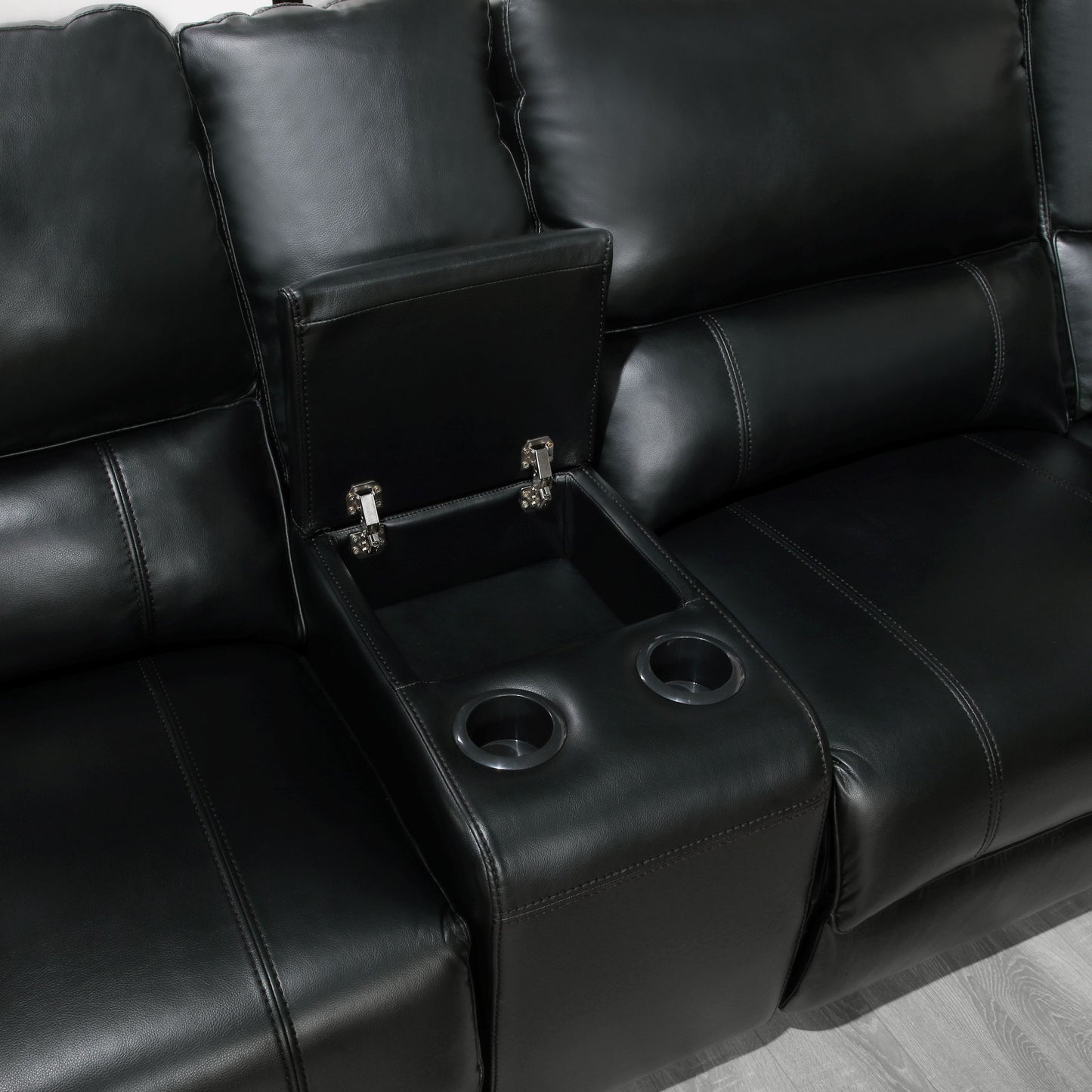 Saul Black Leather Aire Power Recliner Sectional Sofa w/ USB Port & Cupholder Console