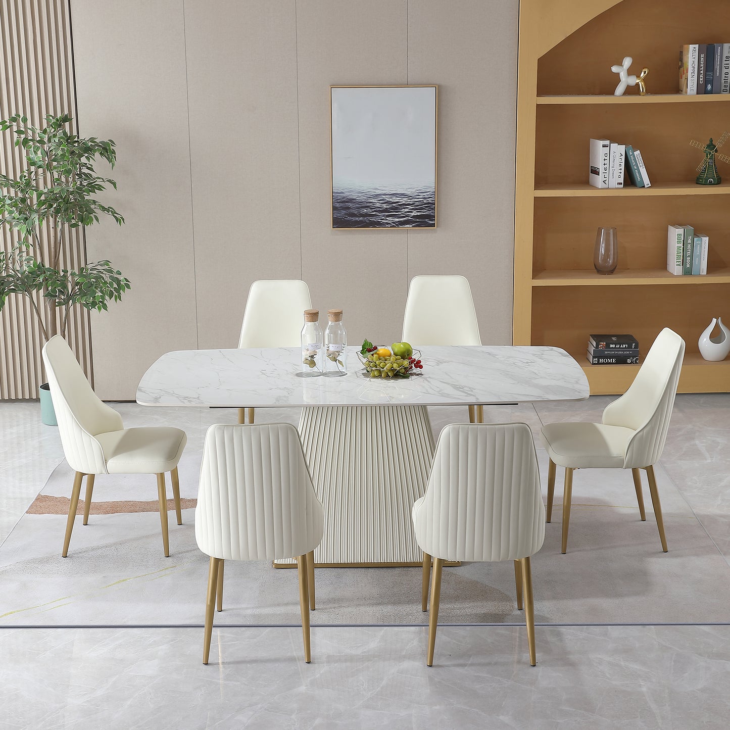 71" Contemporary Dining Table Sintered Stone Square Pedestal Base with 6 pcs Chairs .