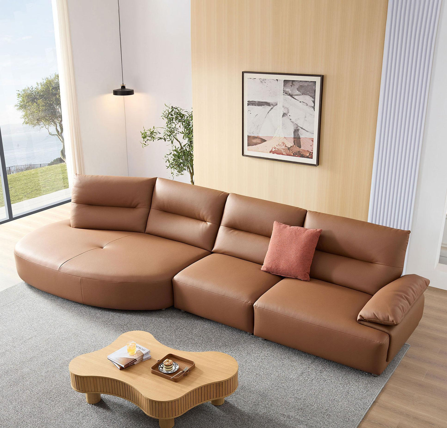 147.24'' Oversied Modern Sectional Curved Shaped Sofa Couch for Living Room,Upholstered 5-Seat Sofa Eco-leather Couch Set ,Brown