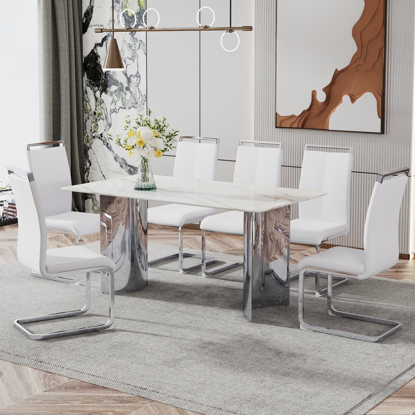 Modern minimalist dining table. Imitation marble glass sticker desktop, stainless steel legs, stable and beautiful. 6 premium PU seats. 63 inches * 35.4 inches * 29.5 inches DT-69 C-1162