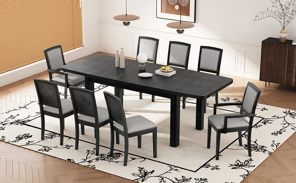 TOPMAX Rustic Extendable 84inch Dining Table Set with 24inch Removable Leaf , 6 Upholstered Armless Dining Chairs and 2 Padded Arm Chairs, 9 Pieces, Black