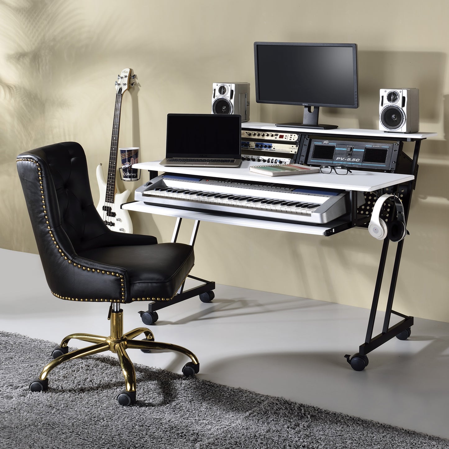 White and Black Music Recording Studio Desk with Metal Base