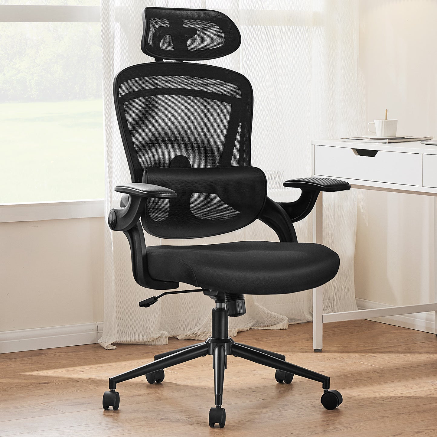 High Back Desk Chair with Adjustable Lumbar Support & Headrest,Comfortable Mesh Computer Chair with Soft Flip Up Arms, Adjustable Height and 120°Tilt,Black