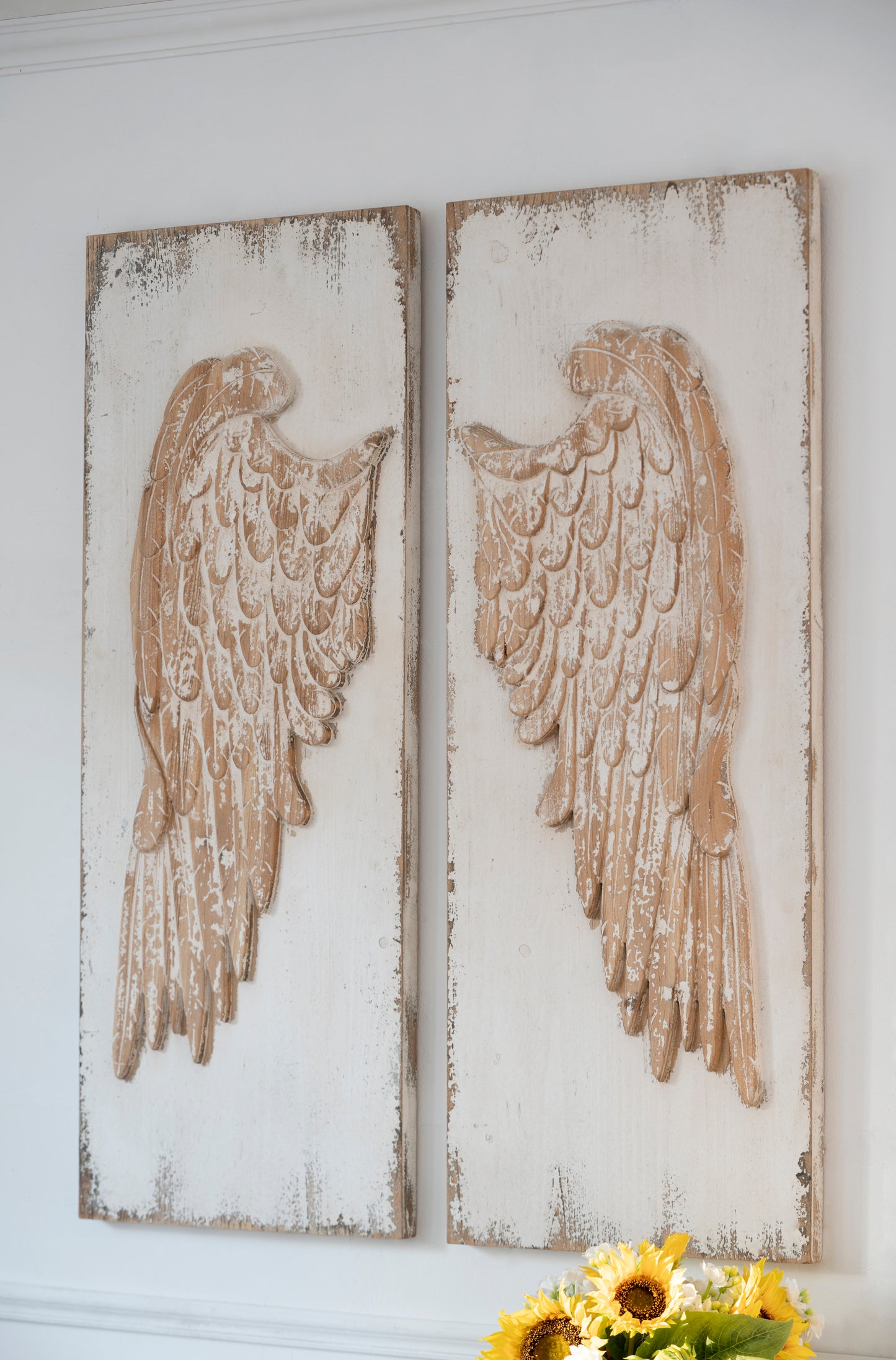 Set of 2 Feather Wing Wall Panels with Distressed White Finish, Rectangle Hanging Wall Art, 42" x 15.5"