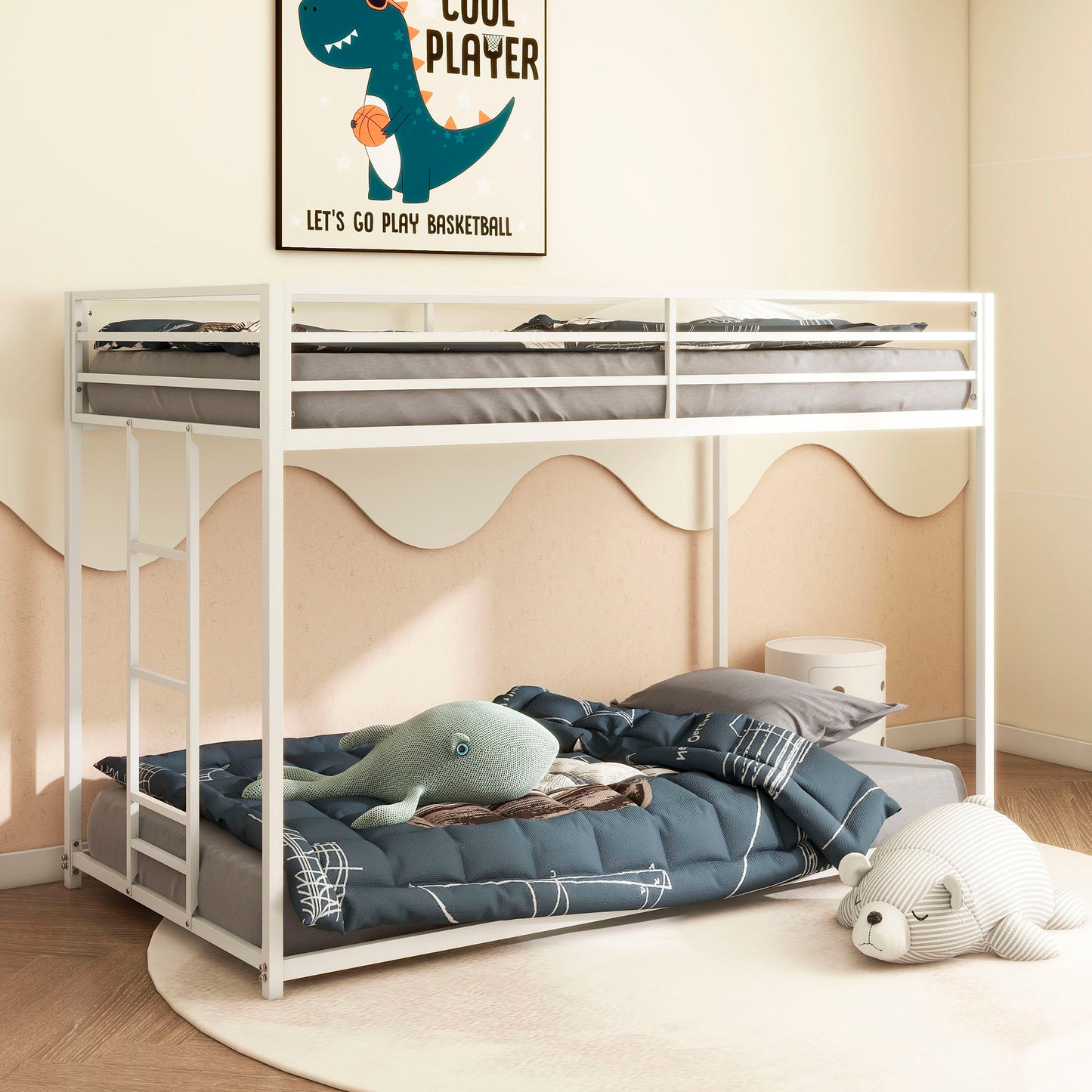 Adam Sturdy Twin over Twin Metal Bunk White for Kids and Adult, Low Profile and Easy Climbing with Stable Ladder