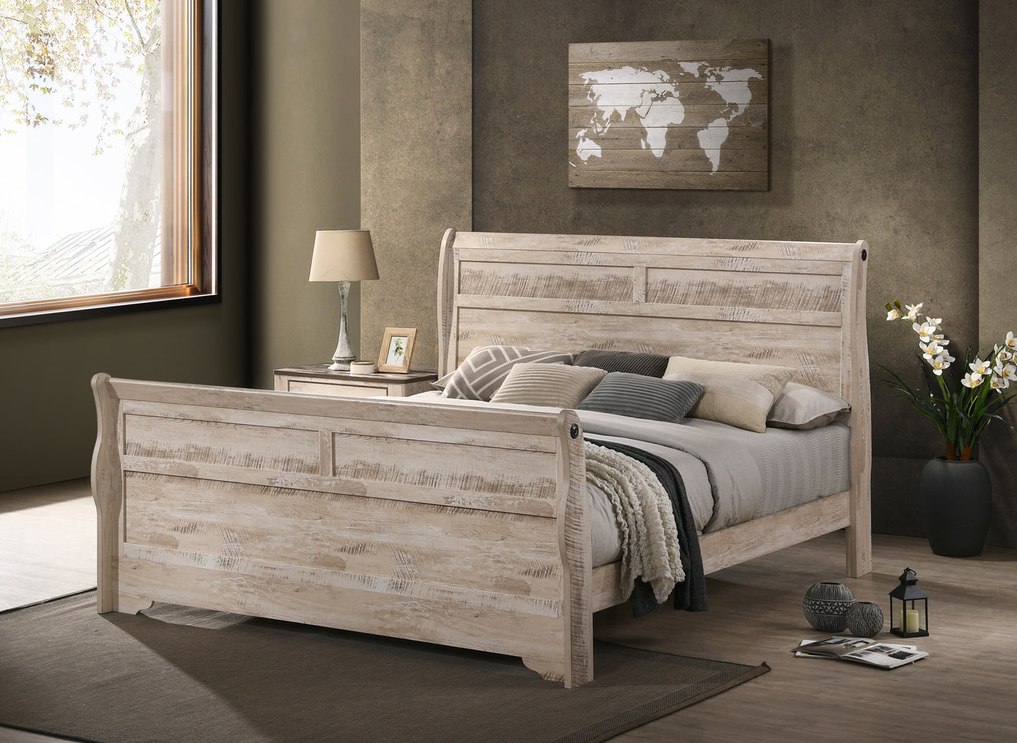 Imerland Contemporary White Wash Finish Bedroom Set with King Sleigh Bed, Dresser, Mirror, Nightstand, Chest