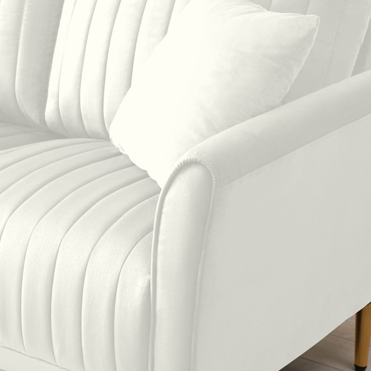 Contemporary Velvet Upholstered 3 Seater Sofa with Deep Channel Tufting and Gold Metal Legs, Cream