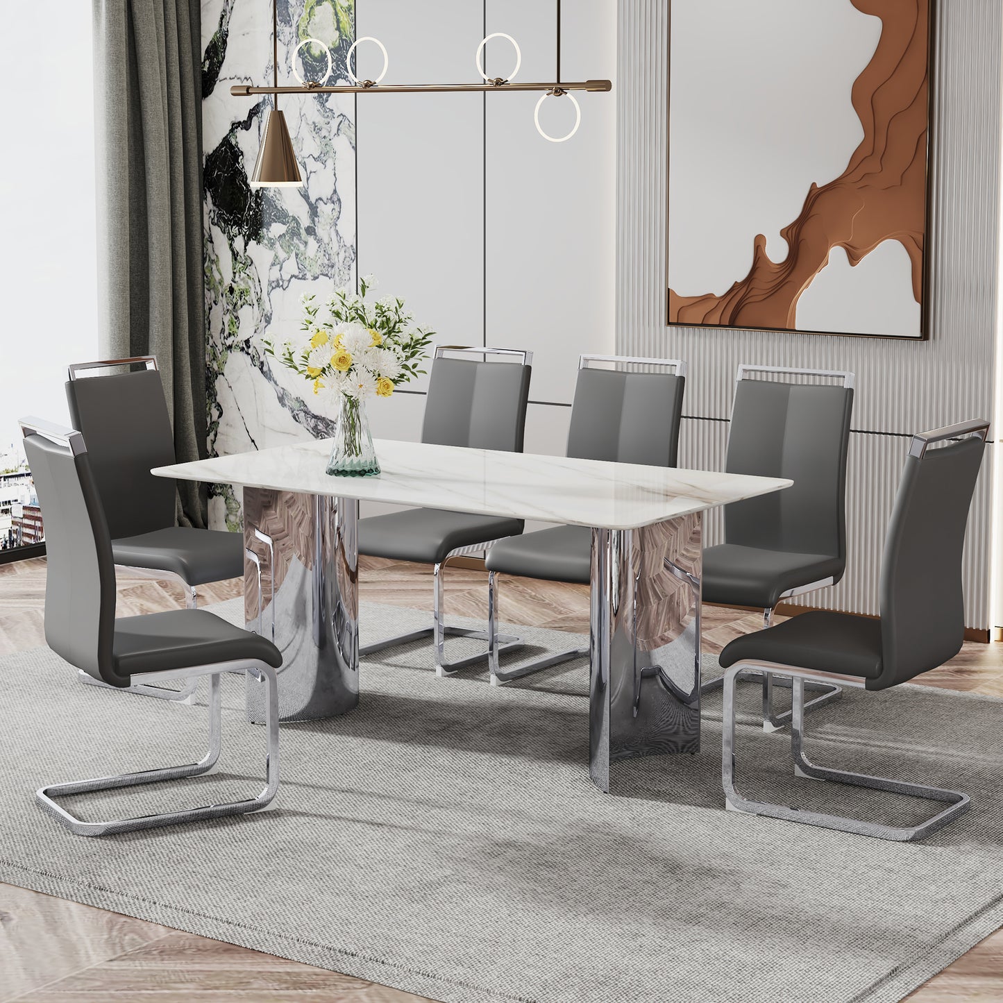 Modern minimalist dining table. Imitation marble glass sticker desktop, stainless steel legs, stable and beautiful. 6 premium PU seats. 63 inches * 35.4 inches * 29.5 inches DT-69 C-1162