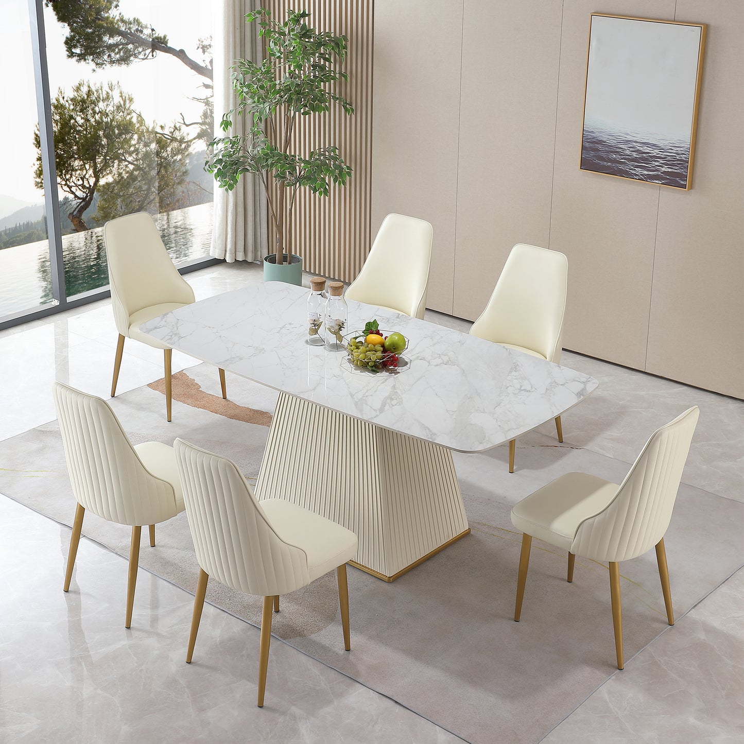 71" Contemporary Dining Table Sintered Stone Square Pedestal Base with 6 pcs Chairs .